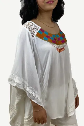 3741 B Rayon Crepe Bohemian Gypsy Embroidered White Poncho