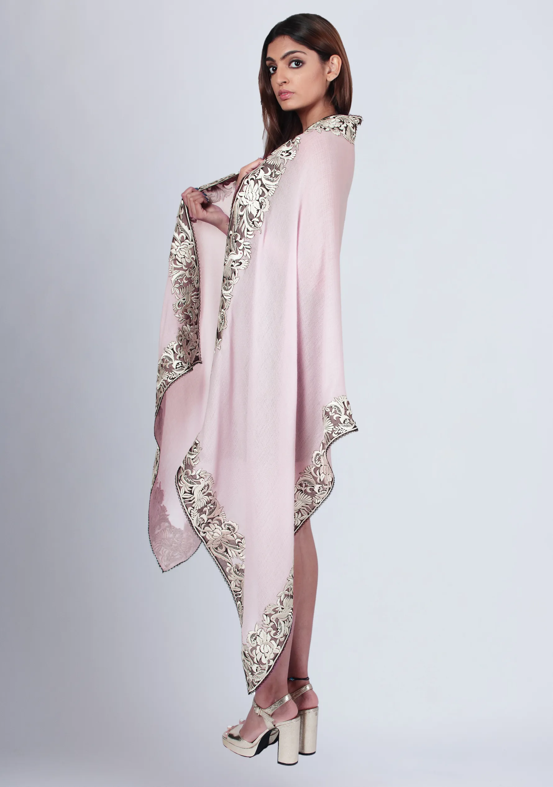 Baby Pink Cashmere Scarf with a Ivory Border Embroidery and Black Lace Edging