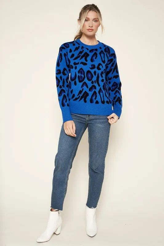 Blue-Multi Charmed Leopard Print Sweater