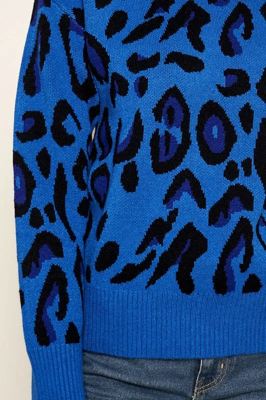 Blue-Multi Charmed Leopard Print Sweater