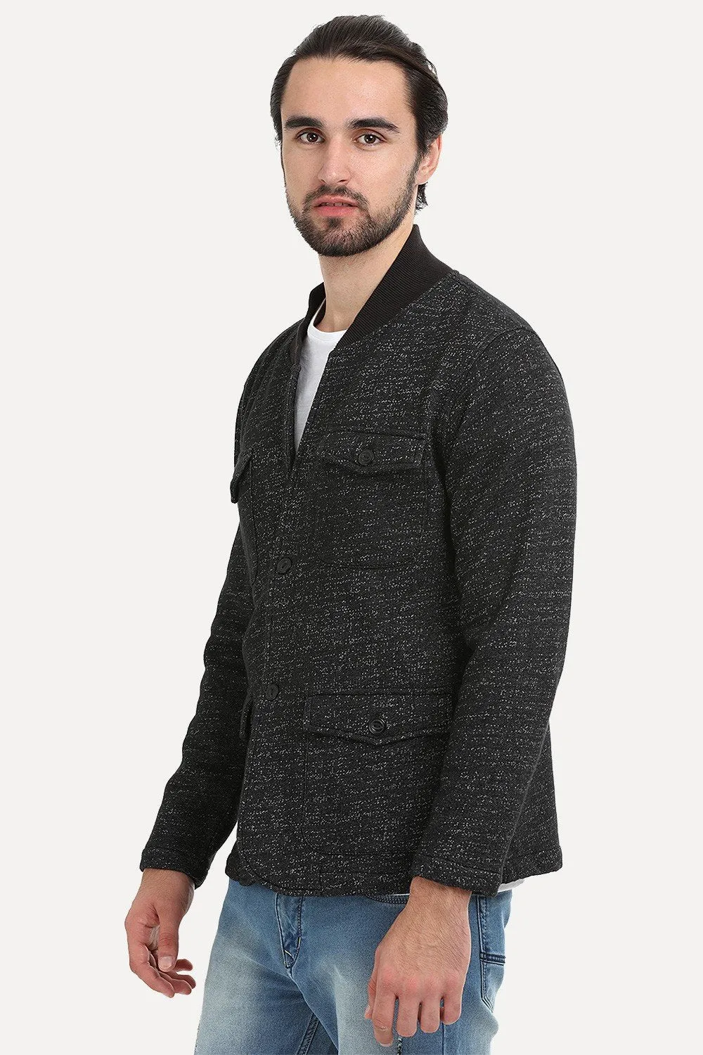 Buttoned Fleece Heather Black Jacket