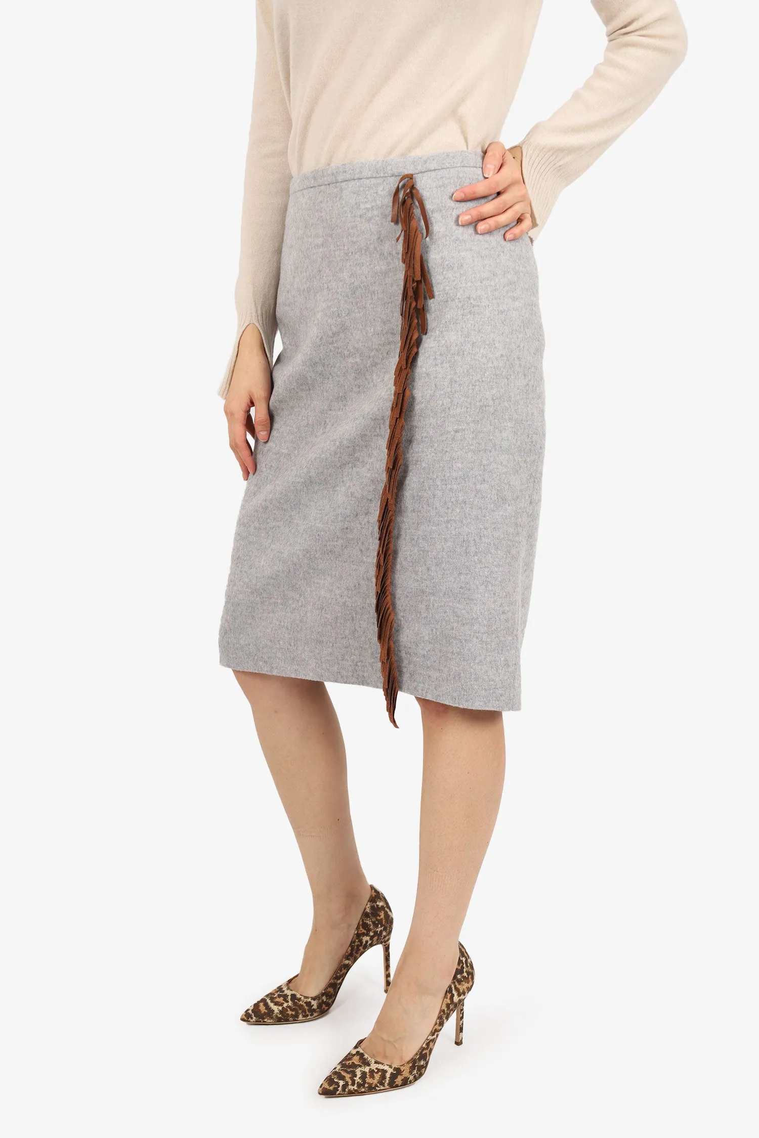 Georges Rech Grey Wool Fringe Pencil Skirt Size 46
