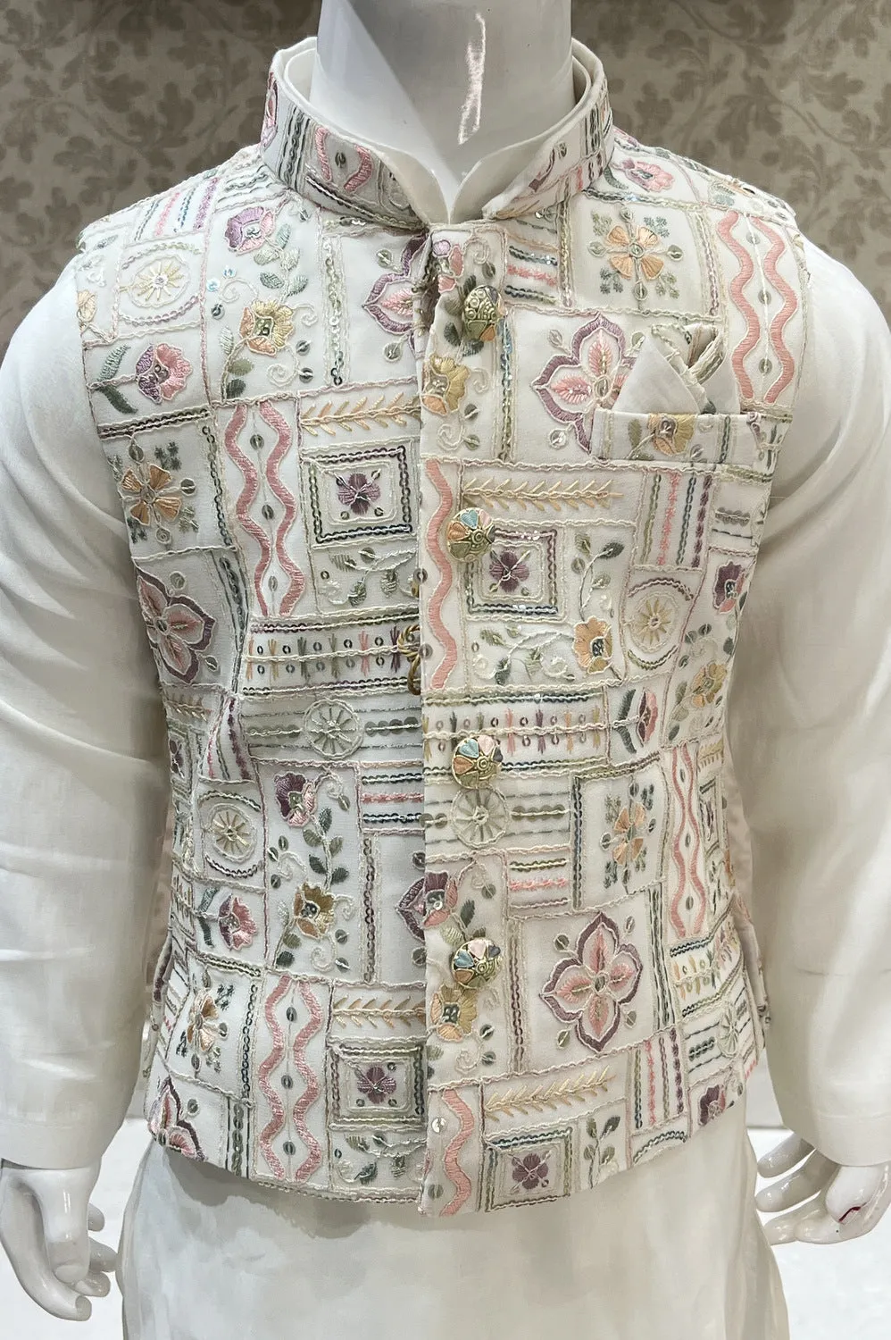 Half White Multicolor Embroidery and Sequins work Waist Coat Kurta Set for Boys