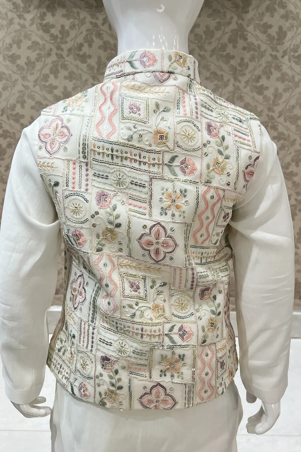 Half White Multicolor Embroidery and Sequins work Waist Coat Kurta Set for Boys