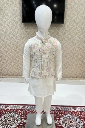 Half White Multicolor Embroidery and Sequins work Waist Coat Kurta Set for Boys