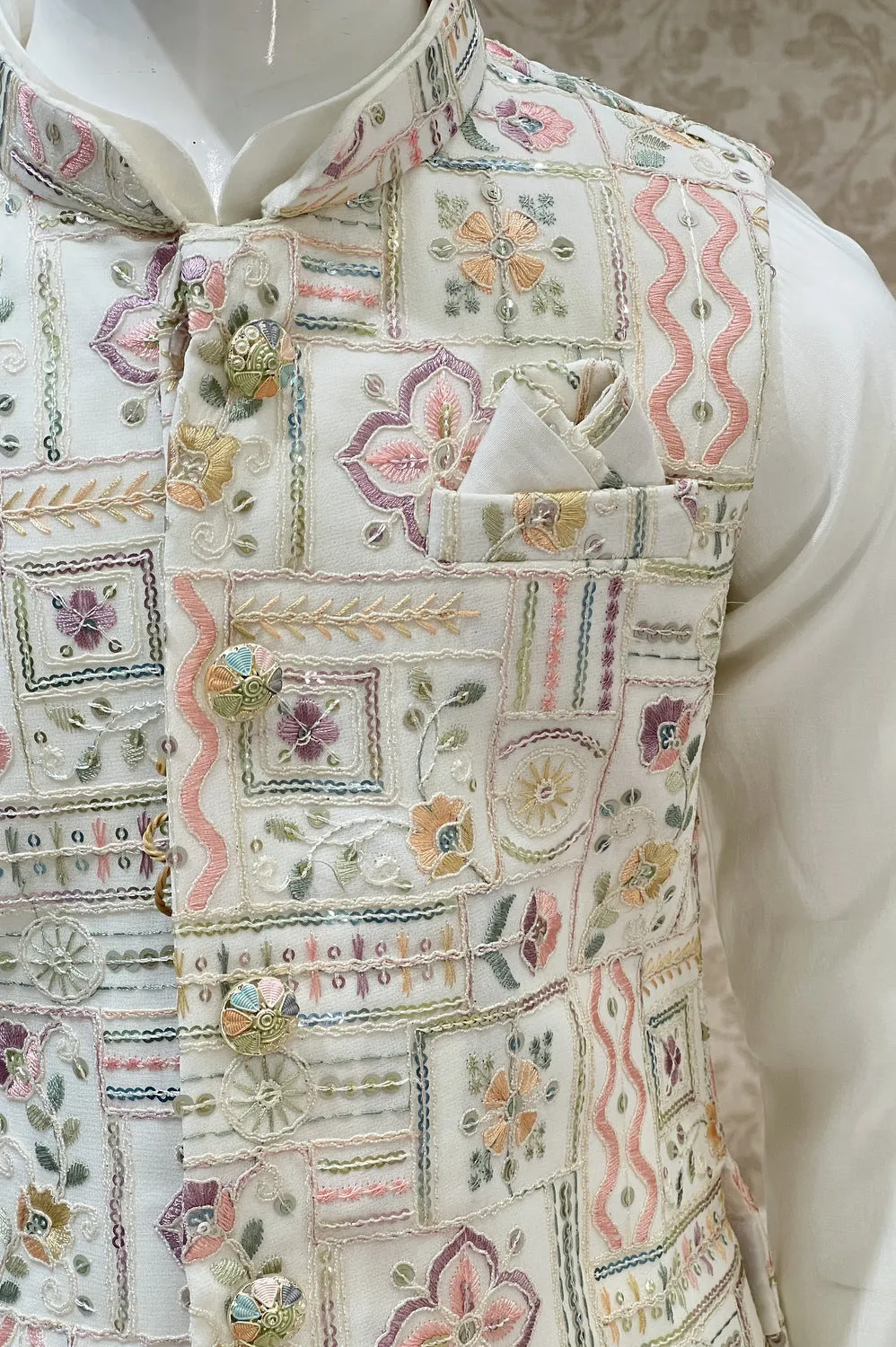 Half White Multicolor Embroidery and Sequins work Waist Coat Kurta Set for Boys