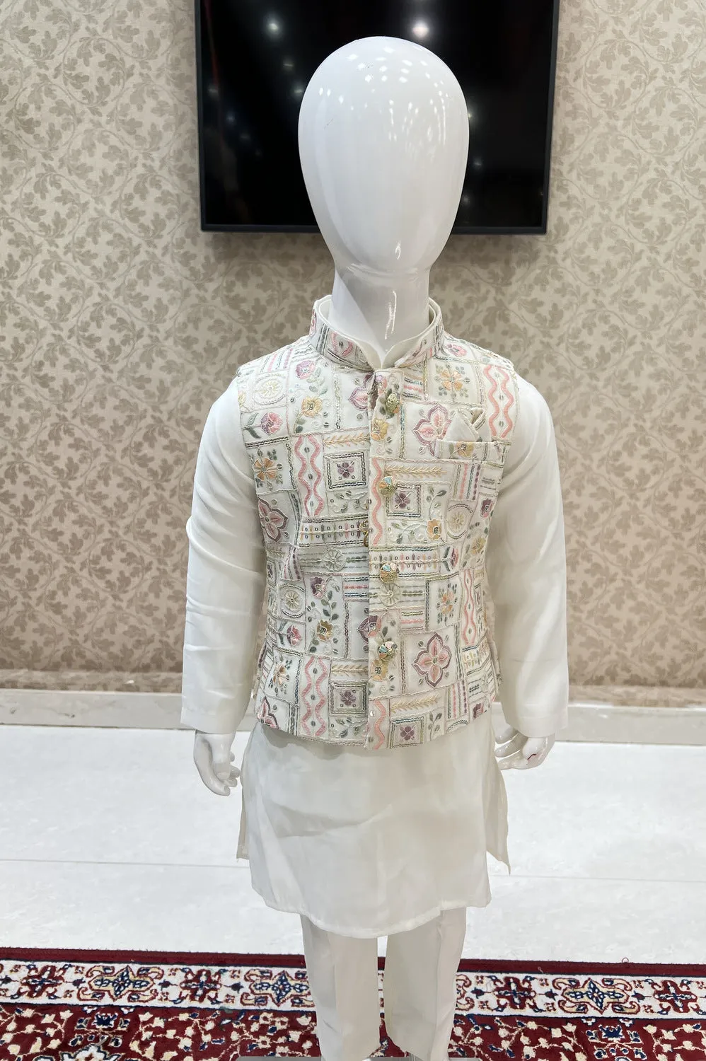Half White Multicolor Embroidery and Sequins work Waist Coat Kurta Set for Boys
