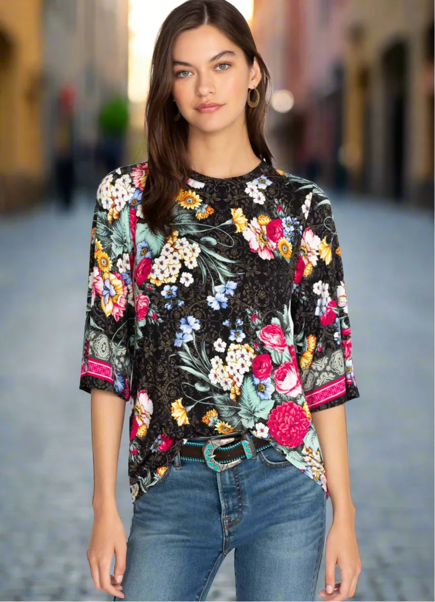 Johnny Was Onyx Sistine Multi Floral Print Top Size XLarge