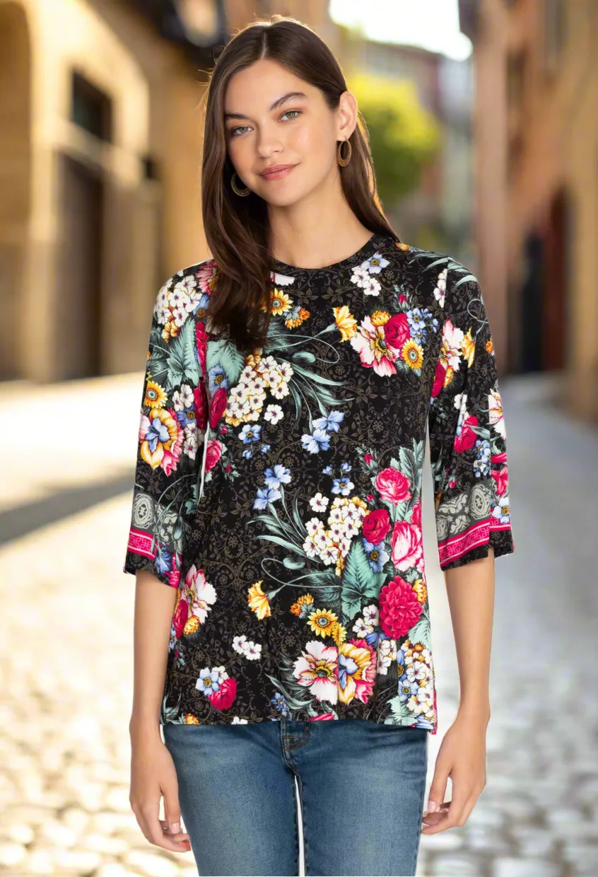 Johnny Was Onyx Sistine Multi Floral Print Top Size XLarge