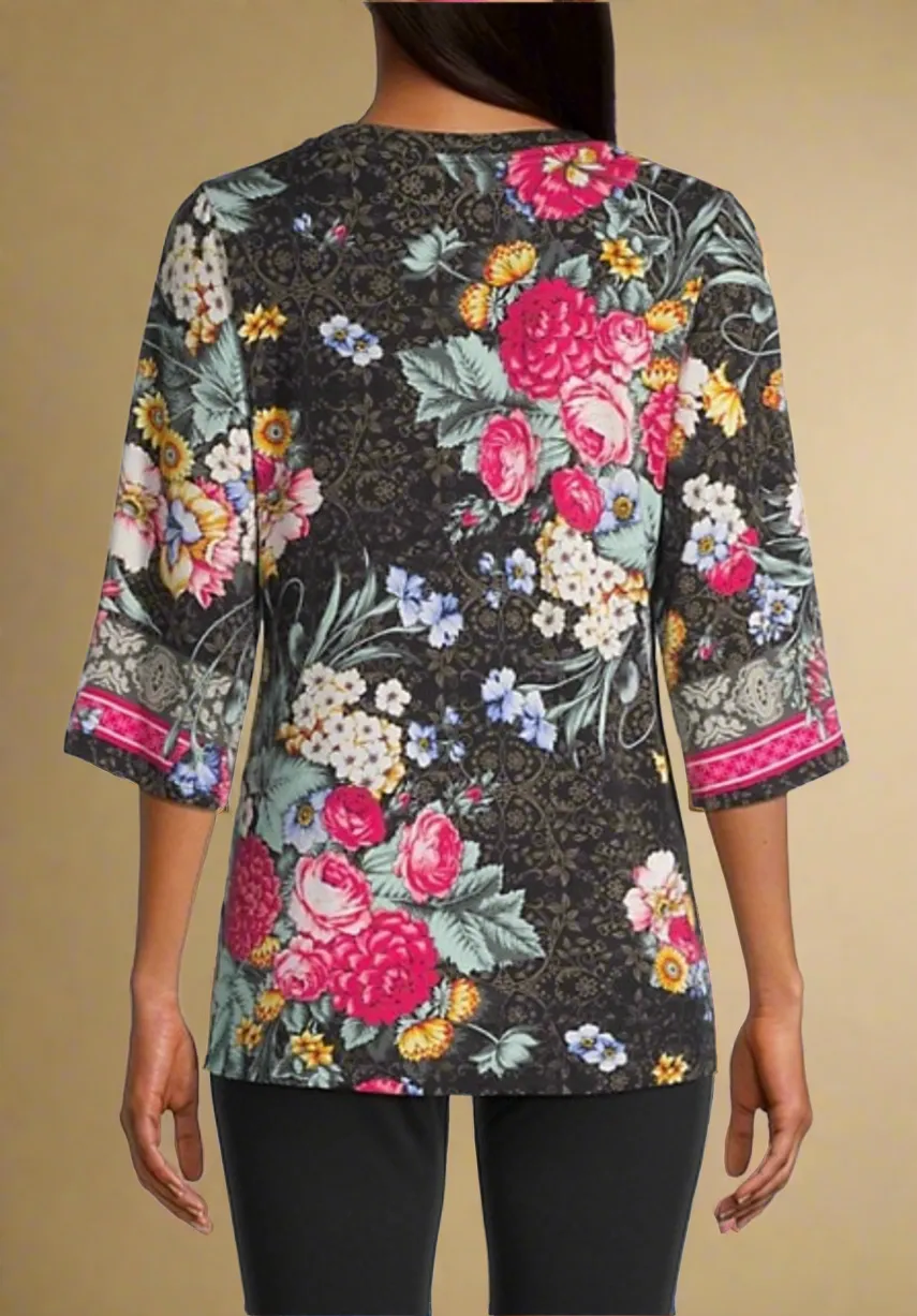 Johnny Was Onyx Sistine Multi Floral Print Top Size XLarge