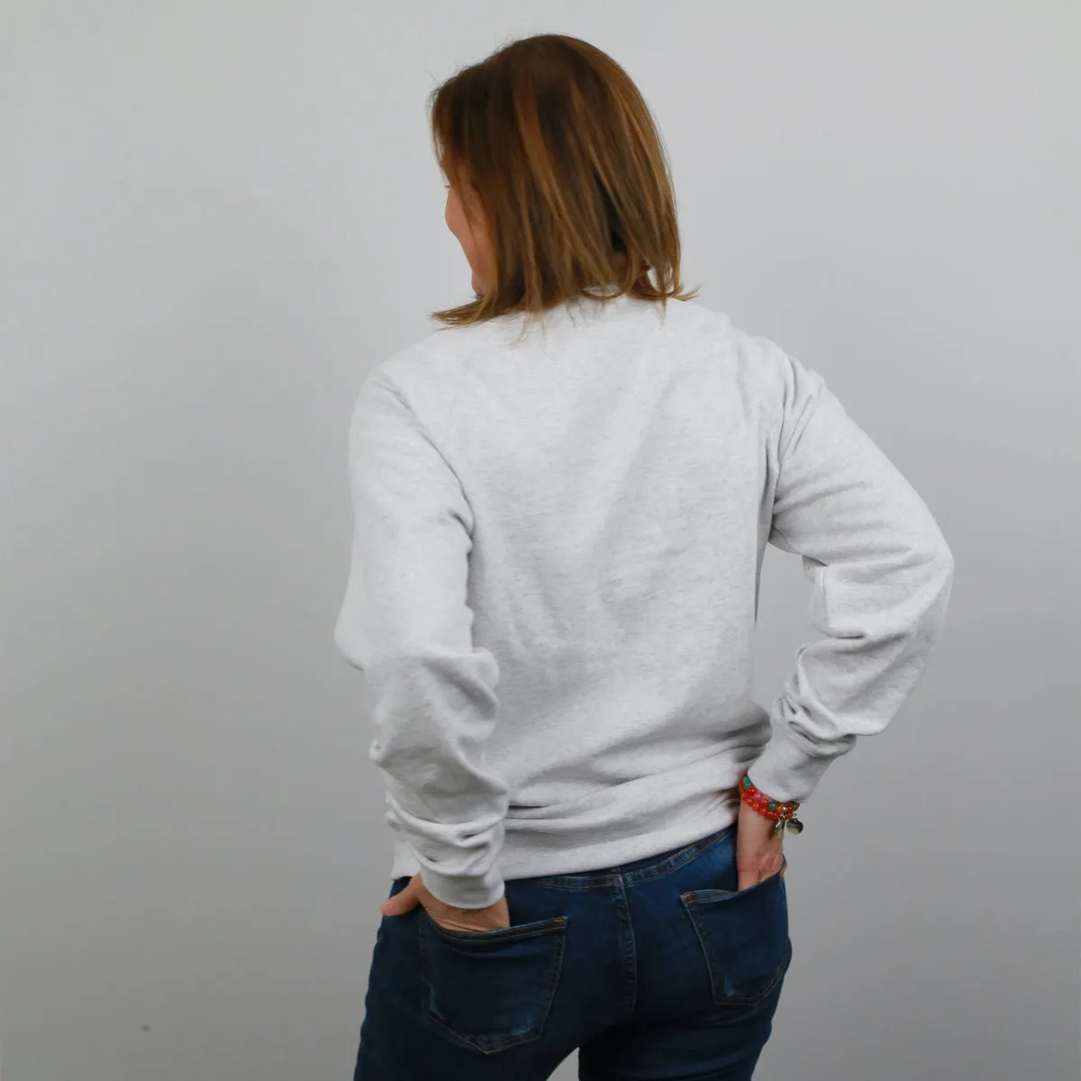 Joy Crew Neck Jumper - Light Grey Marle - Sunshine Orange Print