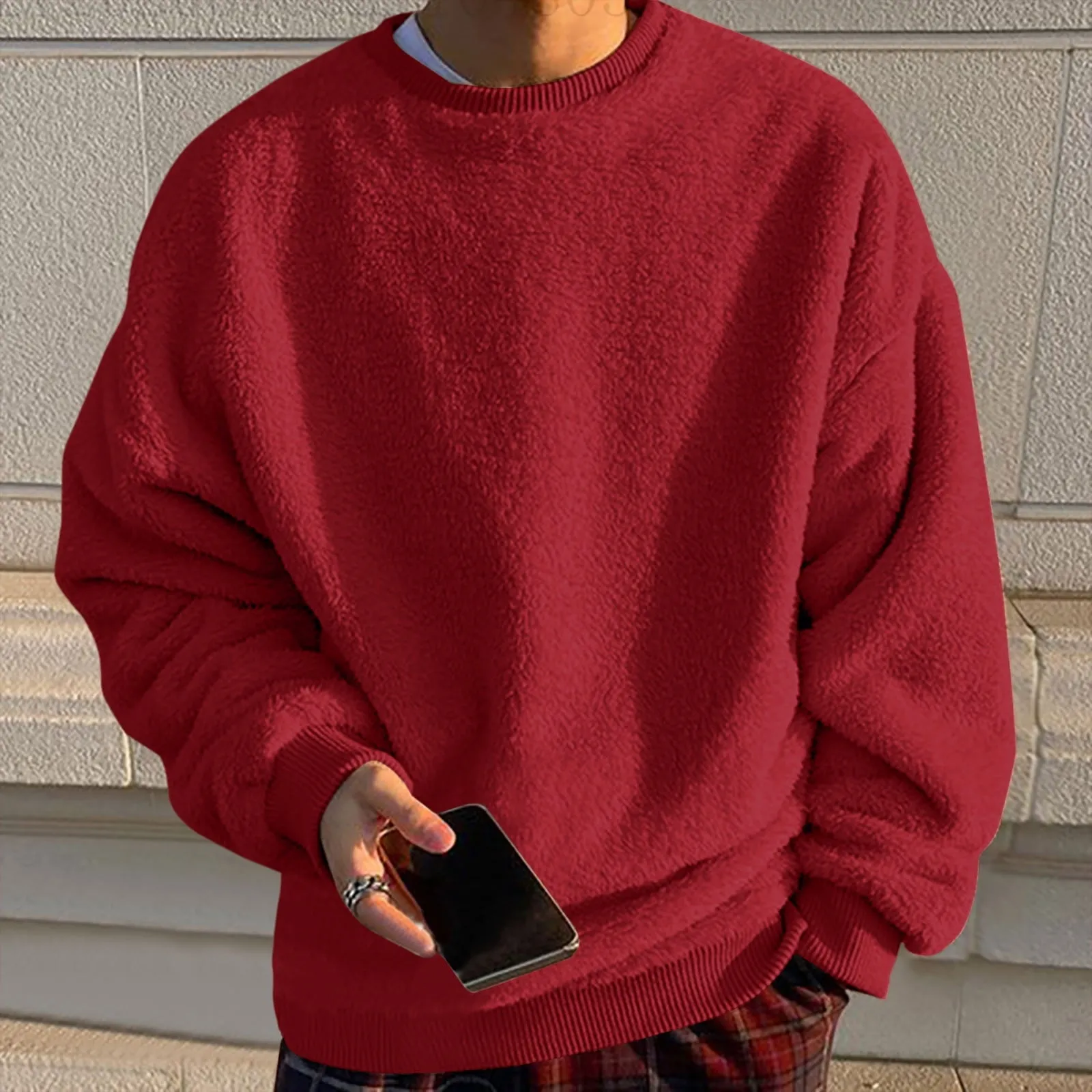 Men's Fleece Sweatshirt Oversized Solid Drop Shoulder Shirts Winter Long Sleeve round Neck Shirt Big and Tall Loose Fit Streetwear Tops Red M
