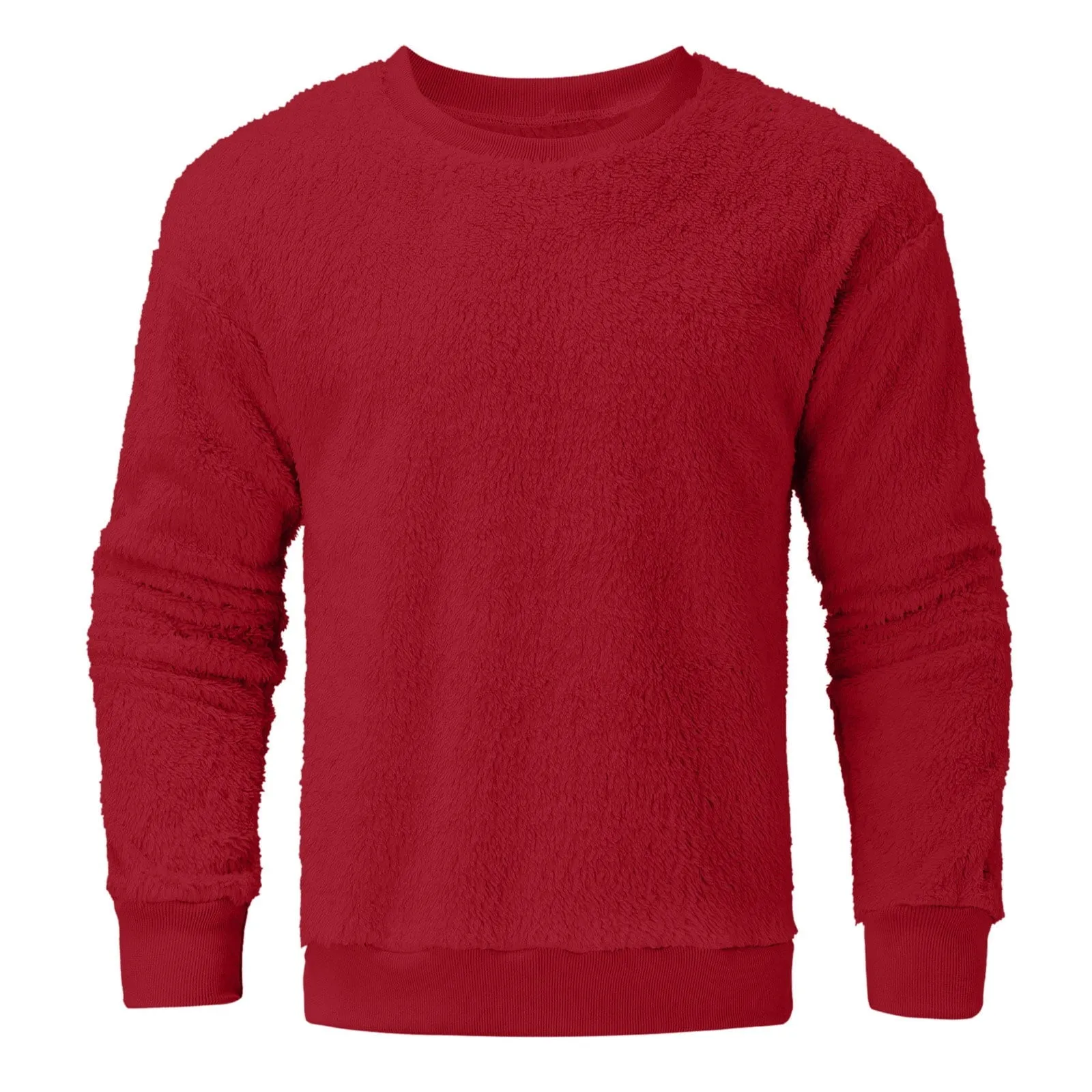 Men's Fleece Sweatshirt Oversized Solid Drop Shoulder Shirts Winter Long Sleeve round Neck Shirt Big and Tall Loose Fit Streetwear Tops Red M