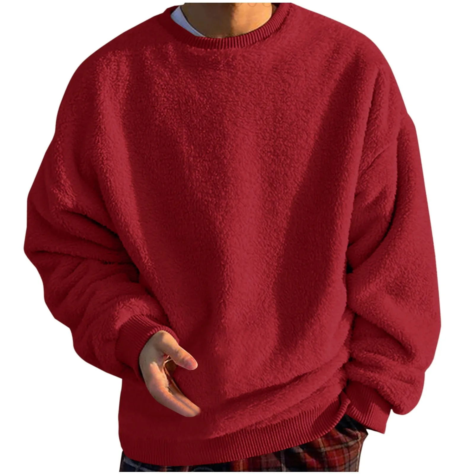 Men's Fleece Sweatshirt Oversized Solid Drop Shoulder Shirts Winter Long Sleeve round Neck Shirt Big and Tall Loose Fit Streetwear Tops Red M