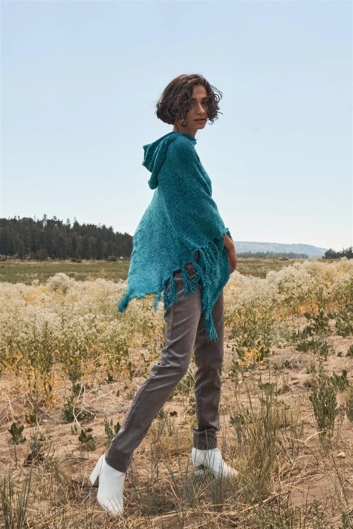 Teal Blue Chenille Knit Tassel Fringe Hooded Poncho