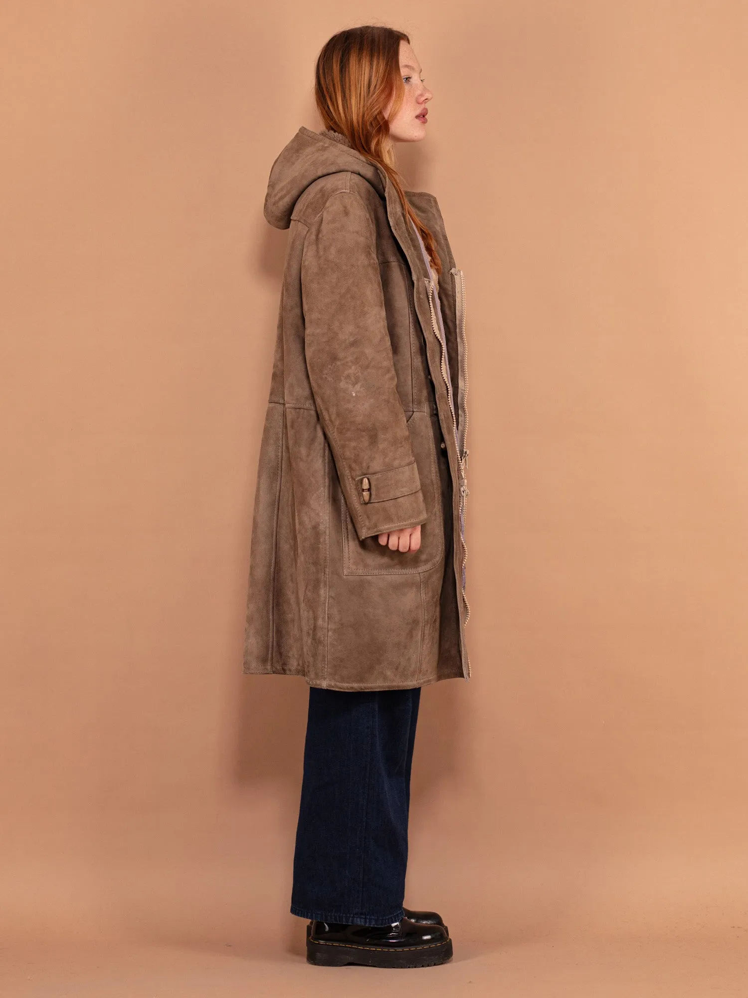 Vintage 70's Women Hooded Sheepskin Coat in Beige
