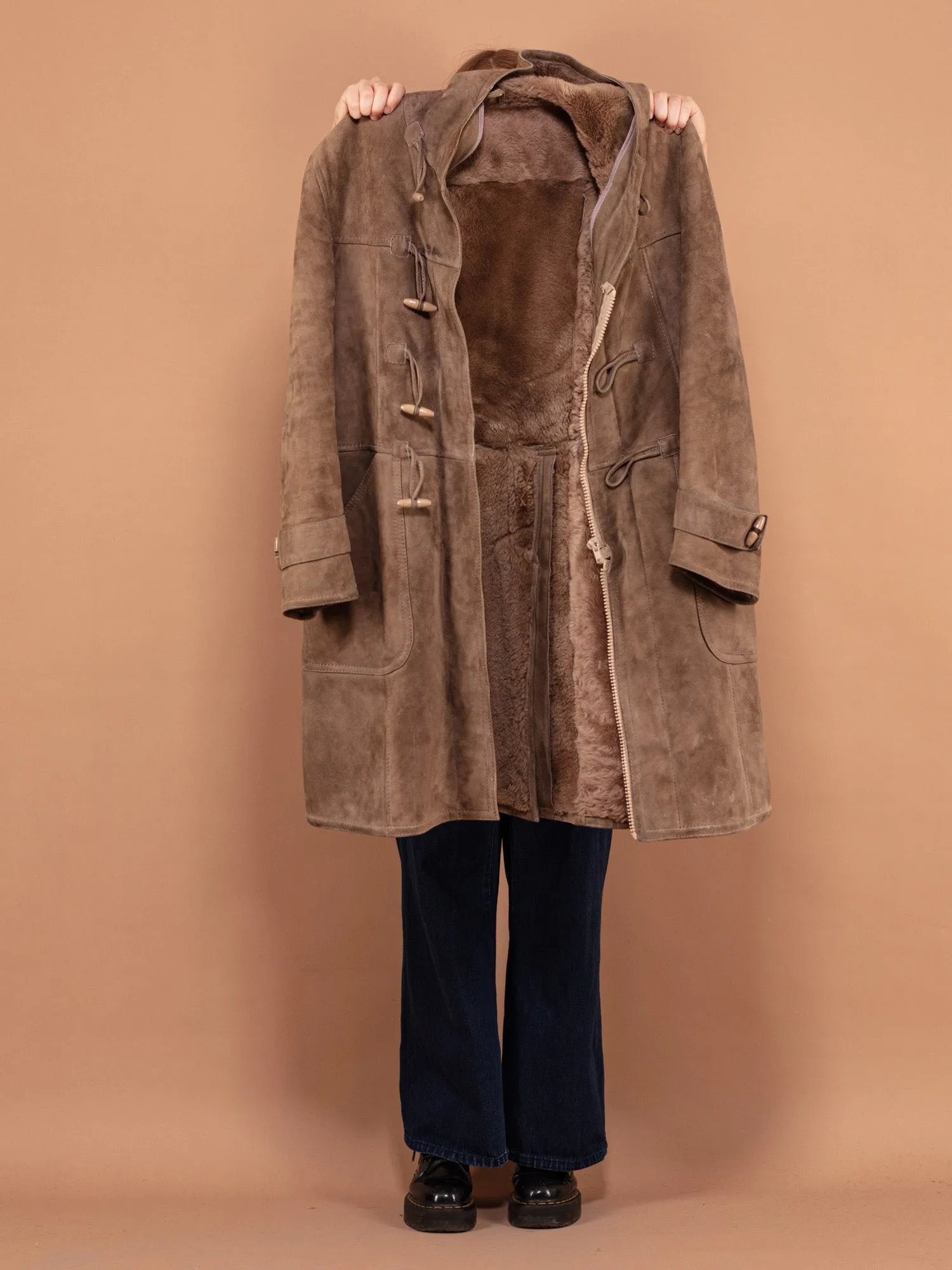 Vintage 70's Women Hooded Sheepskin Coat in Beige