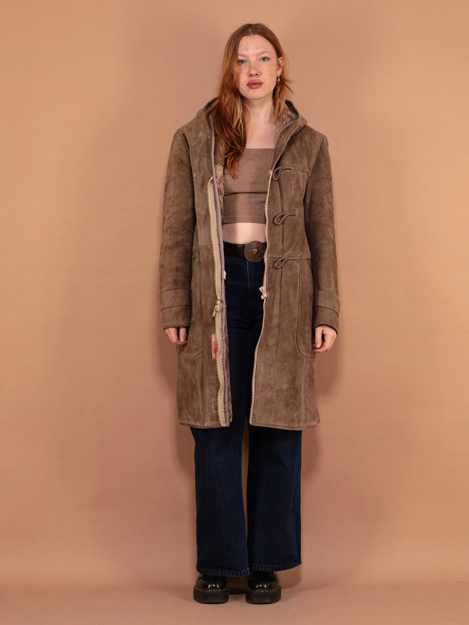 Vintage 70's Women Hooded Sheepskin Coat in Beige