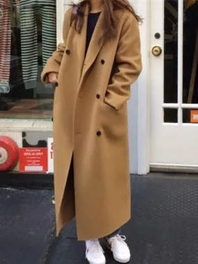 Women Autumn Winter Double Breasted Loose Long Wool Coat