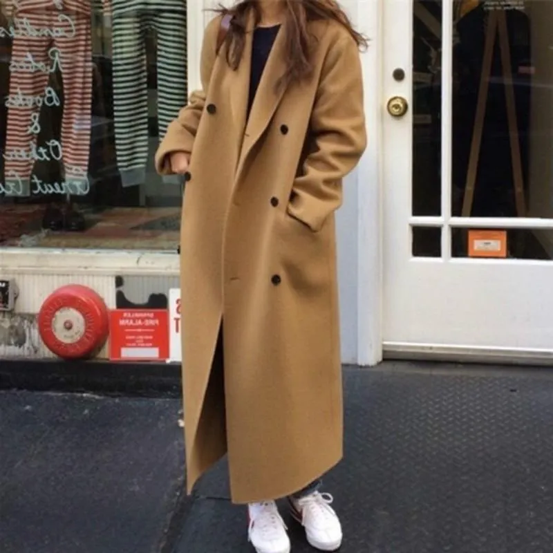 Women Autumn Winter Double Breasted Loose Long Wool Coat
