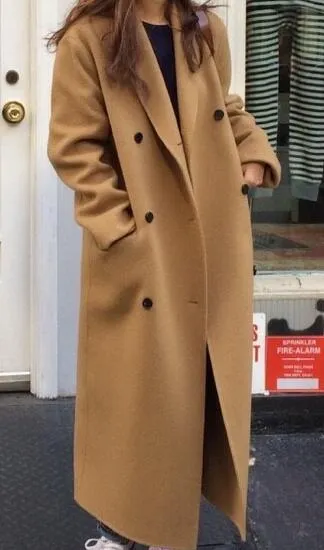 Women Autumn Winter Double Breasted Loose Long Wool Coat